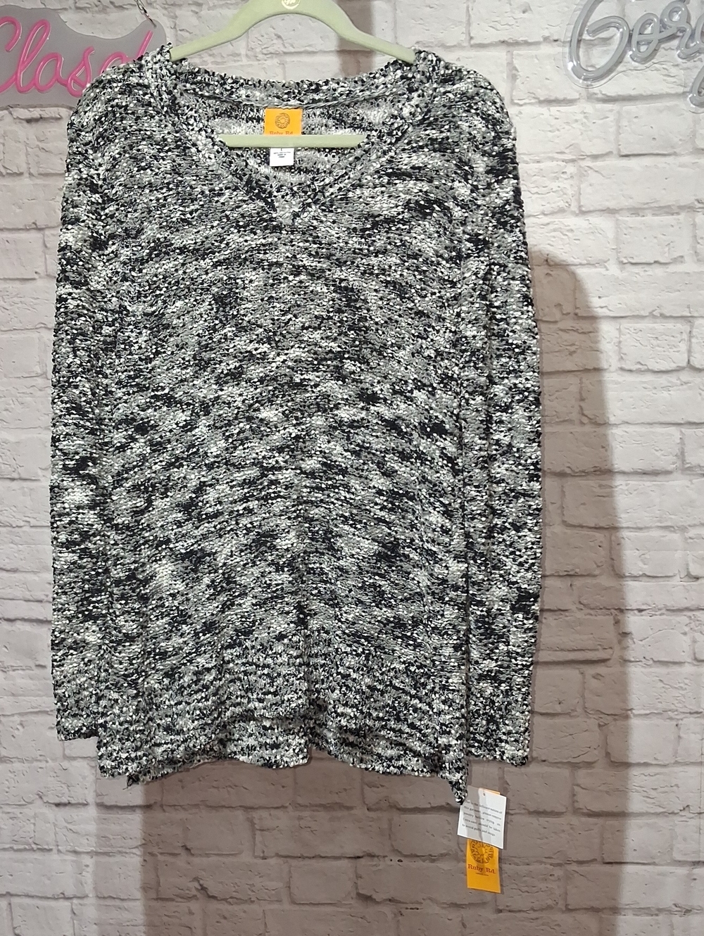 Ruby Rd. Marled Black & White V-Neck Sweater